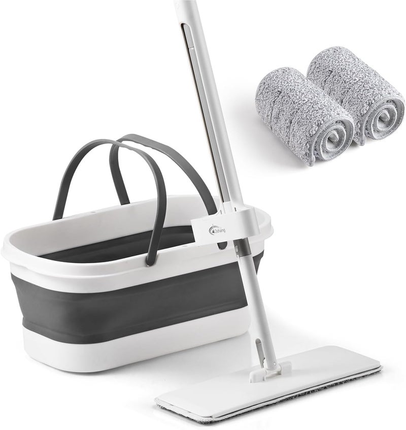 oshang Flat Mop and Collapsible Bucket OG7 with Wheels, 2 Washable Reusable Microfiber Pads, Pure White - Image 1